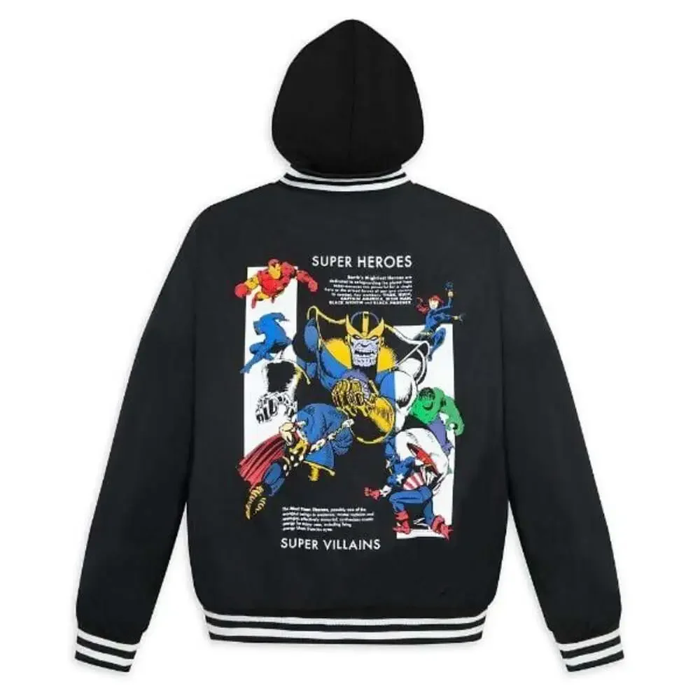 Marvel Comics Super Heroes vs Super Villains Black Hooded Varsity Bomber Jacket